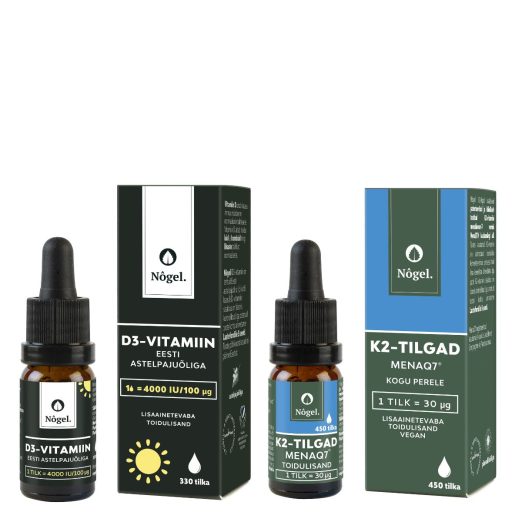 Luud ja lihased kombo 2: D-vitamiin Eesti astelpajuõliga, 4000 IU/100 μg, 10 ml ja K2-tilgad, MENAQ7®, 10 ml