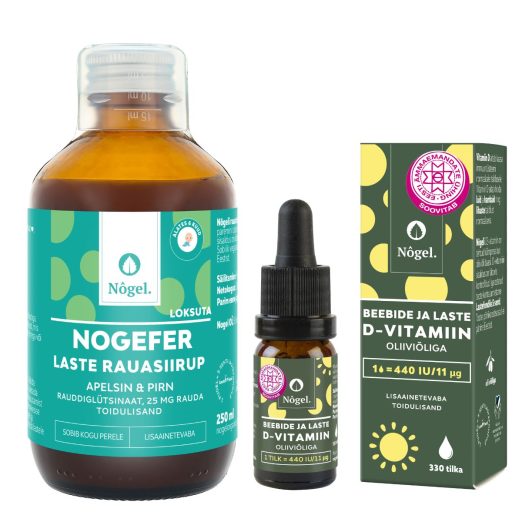 Lapsed kombo: NOGEFER Laste rauasiirup apelsini ja pirniga, 250 ml, 25 mg/10 ml ning beebide ja laste D-vitamiin oliiviõliga, 440 IU/11 μg, 10 ml